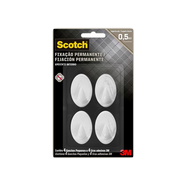 Scotch, 3M, Gancho Adesivo, Fixação Permanente, Sem Furos, Branco, 4 unidades