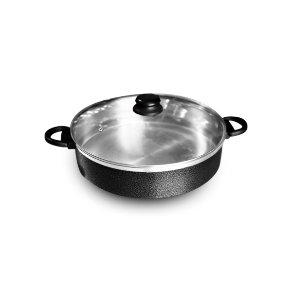 Panela Tacho Aluminio Craqueado P/ Paella Risoto Moqueca 26 e 30cm Tampa Vidro