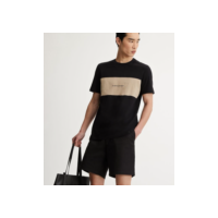 Camiseta Slim em Algodão com Bloco de Cor e Lettering Overloaded Preto/ Bege
