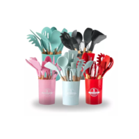 Kit Jogo de Cozinha Silicone, Utensílios e Copo Suporte para Cozinheiro Cabo de Madeira MasterChef
