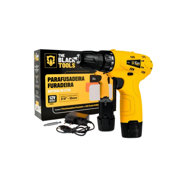 Parafusadeira Furadeira Sem Fio De 10mm 3/8 Tb-12a 1 Bateria Lítio 12v The Black Tools cor Amarelo