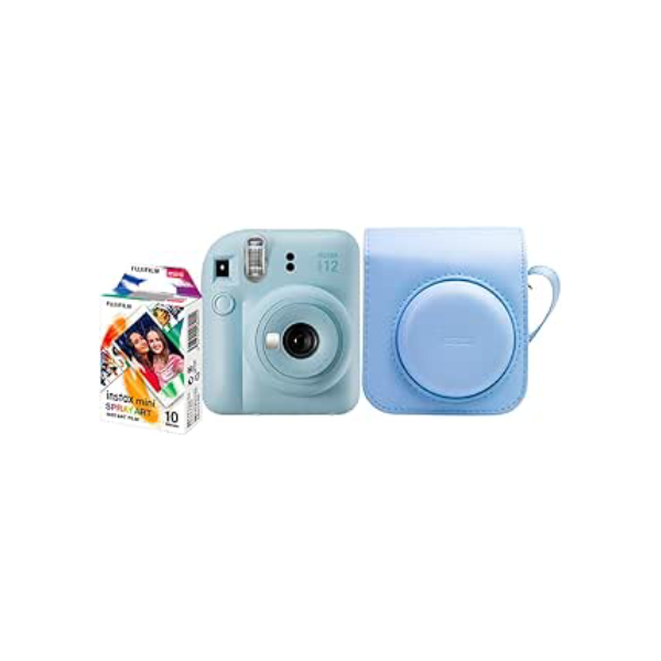 Kit Câmera Instax Mini 12 com pack 10 fotos Spray Art e Bolsa Azul Candy