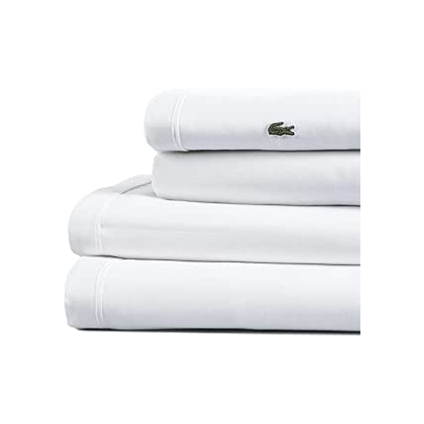 Lacoste Conjunto de lençóis sólidos 100% algodão percal, respirável, refrescante e de qualidade hoteleira - bolso profundo, ajuste fácil, certificado Oeko-Tex, branco, Queen