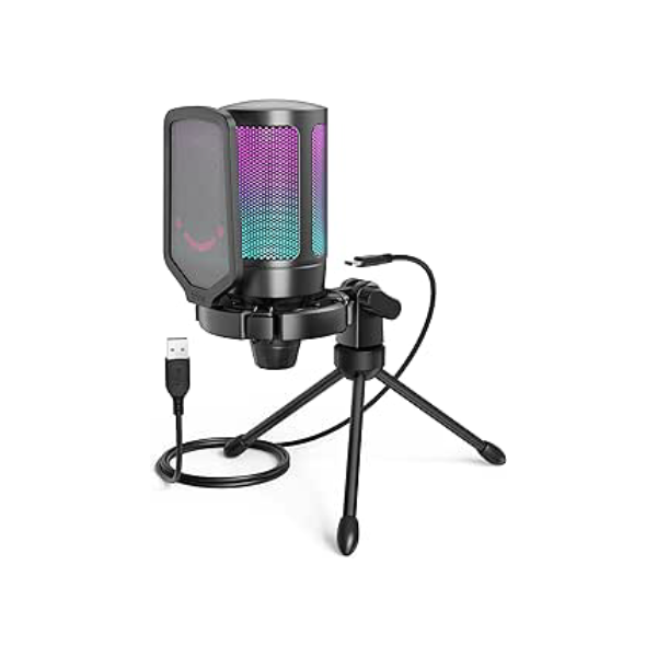 FIFINE Microfone USB Para Jogos Para PS5 PC, Microfone Condensador Com Mudo Rápido, Indicador RGB, Suporte De Tripé, Pop Filter, Suporte De Choque, Controle De Ganho Para Twitch Podcasts -A6V