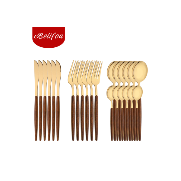 Belifou Kit 24 Jogo De Talheres Aço Inoxidável 416 Ouro Alças De Madeira - Diana