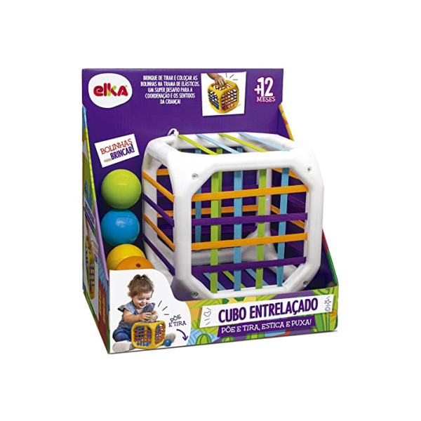 Cubo Entrelaçado, Elka, Cubo Branco com elásticos coloridos/bolinhas amarela, azul, laranja, verde