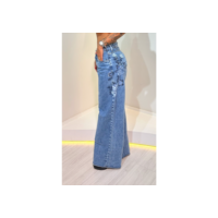 Calça Jeans Feminina Com Detalhe Bordado Wide Lag Pantalona