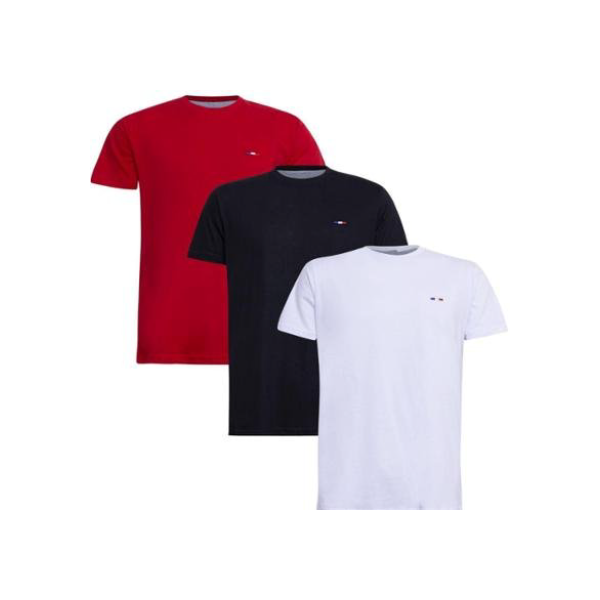 Kit Camiseta Industrie Básica Bordada França Tommi  Algodão Premium Masculina 3 peças Cores - Branco+Vermelho