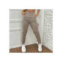 Calça Cargo Feminina Jogger Com Bolso Lateral Bege Com Lycra Stillger Jeans