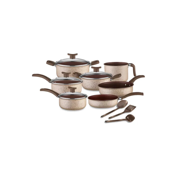 Conjunto De Panelas Antiaderente 10 Peças Teflon Linha Coffee Cappuccino Tampa De Vidro