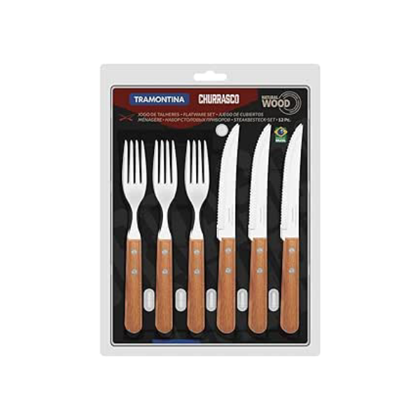 JOGO DE TALHERES PARA CHURRASCO DYNAMIC SORTIDOS COM LAMINAS DE ACO INOX E CABOS DE MADEIRA - 12 PEÇAS