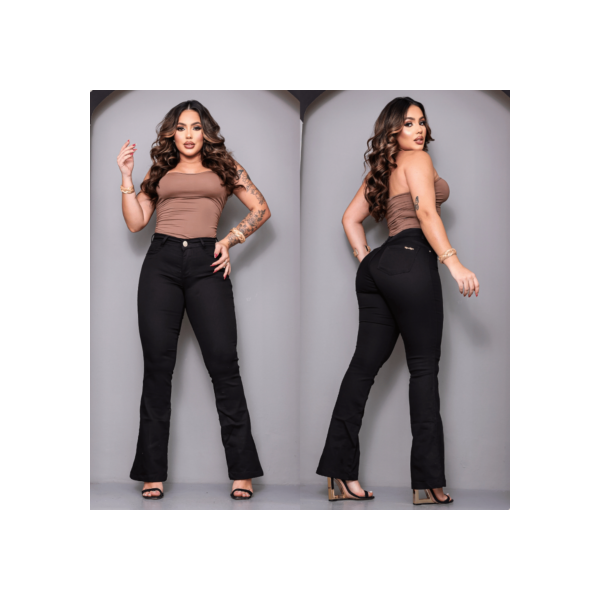 Calça Flare Jeans Preta Feminina Elastano Cintura Alta Modela Corpo Boca Sino Casual Social 36 ao 46