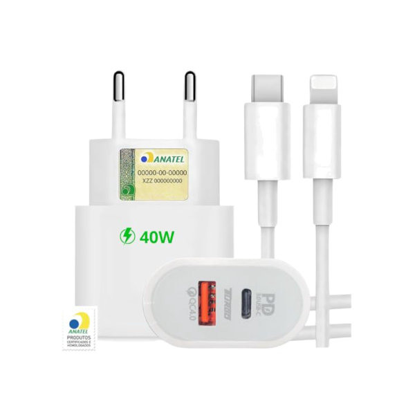 Carregador Turbo 40W Compatível iP - Phone X Xr 8 11 12 13 14 Plus Pro Max iP - Pad Duas Entradas USB e USB-c Tipo C Com Cabo Tipo C Lightning Carga Rápida Tecnologia - Fonte e Cabo Turbo 40W