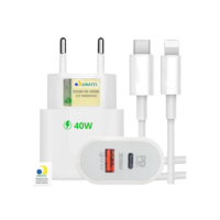 Carregador Turbo 40W Compatível iP - Phone X Xr 8 11 12 13 14 Plus Pro Max iP - Pad Duas Entradas USB e USB-c Tipo C Com Cabo Tipo C Lightning Carga Rápida Tecnologia - Fonte e Cabo Turbo 40W