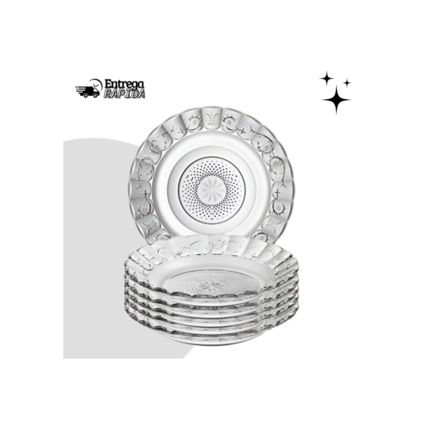 Conjunto com 6 Pratos Fundos Egípcios de Vidro 21,5cm – Design em Alto Relevo, Sofisticado e Moderno