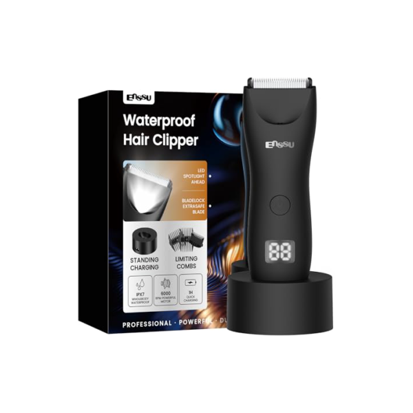 ENSSU Aparador de pelos corporais masculino – Aparador Meridiano à prova d'água com luz LED, motor rápido de 6000 RPM, 5 configurações de comprimento, IPX7 para púbico, peito e bolas (Preto)
