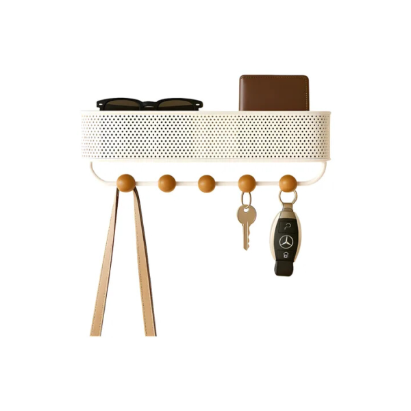 Chaveiro De Parede com Cesto e 5 ganchos Lumai Porta Chave Com Dupla Instalação Cabideiro Cor Branco Suporte Chaves Cabide de Parede para Hall Sala Escritorio Quarto Pendurar Pendurador