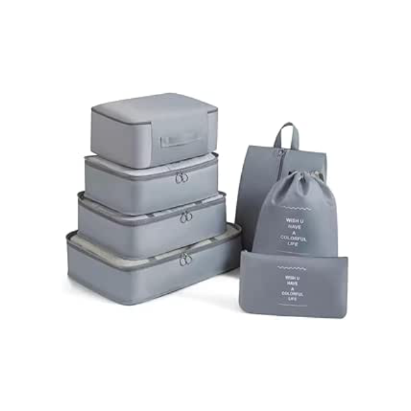 Kit Organizador de Malas para Viagem 7 Peças Conjunto Organizador Completo Bolsas Necessaire Sapatos Maquiagem Roupas Bagagem Organizada (Cinza)