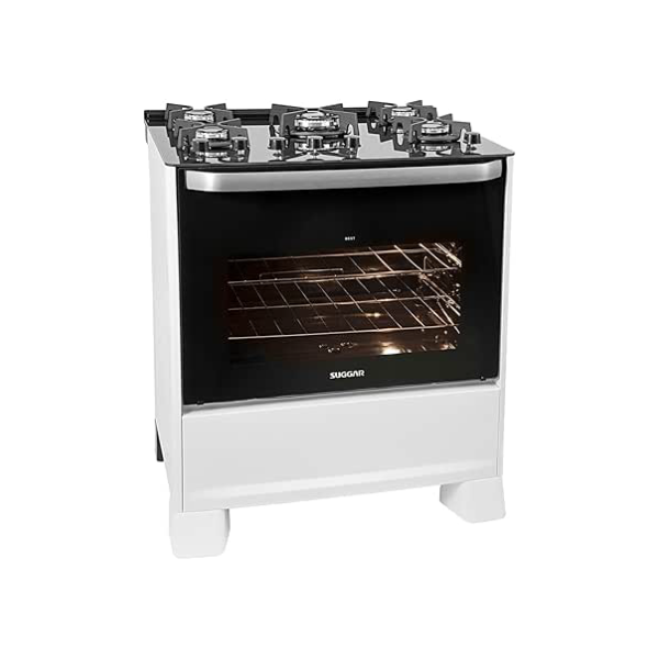SUGGAR FOGÃO BEST GLASS BRANCO MESA DE VIDRO 5 BOCAS TRIPLA CHAMA TREMPE EM FERRO FUNDIDO ACENDIMENTO AUTOMÁTICO FGVBG510BR