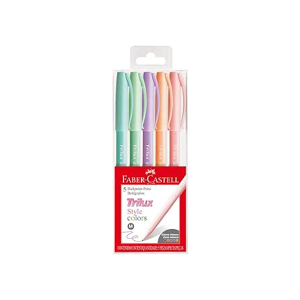 Caneta Esferográfica, Faber-Castell, Trilux Style Colors, 5 Cores Pastéis