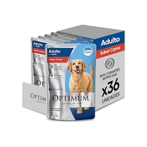 Pack Ração Úmida Optimum Sachê para Cães Adultos Sabor Carne 100g - 36 unidadaes