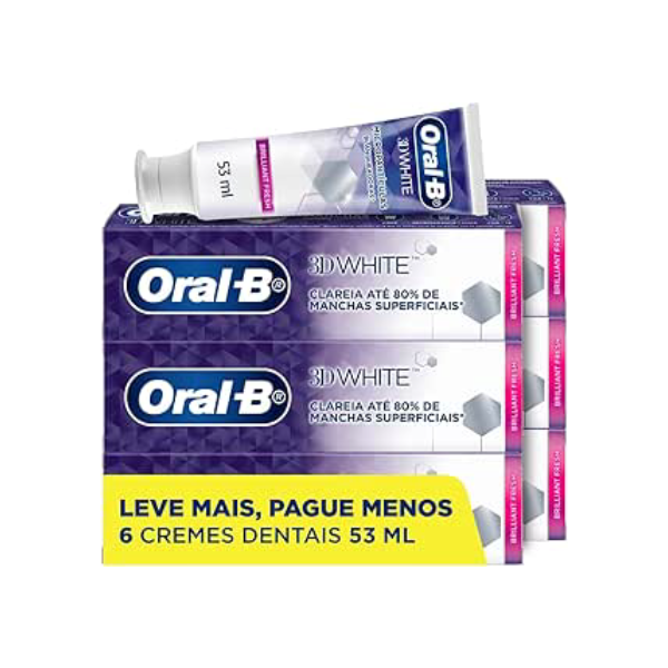 Oral-B Pasta de Dente 3D White Brilliant Fresh, Clareador Avançado com Micropartículas Clareadoras, Elimina até 80% das manchas superficiais 53 ml, 6 Unidades