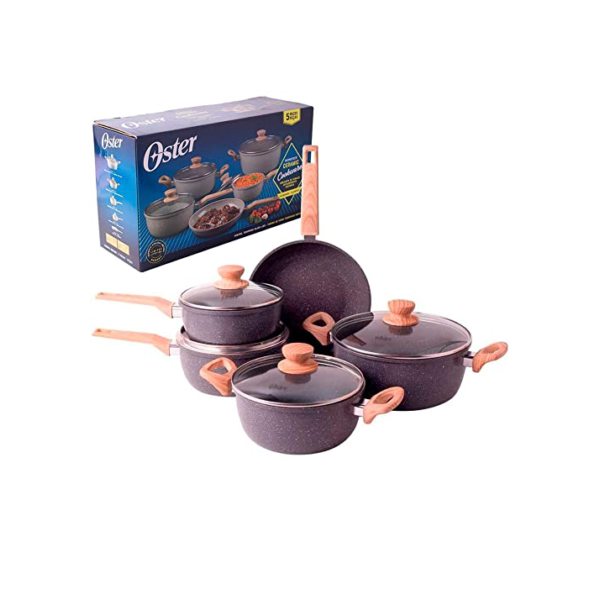 OSTER Conjunto de Panelas Antiaderentes 5 Peças Marble Edition - Jogo de Panela e Frigideira, Construção em Alumínio e Revestimento Duplo de Cerâmica, Alças e Cabos Revestidos em Silicone - Dark Grey