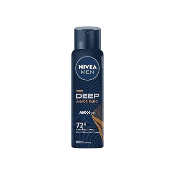 NIVEA MEN Desodorante Antitranspirante Aerossol Deep Amadeirado 150ml - Proteção prolongada de 48h, fórmula com carvão ativado, combate impurezas, antibacteriano, perfume prolongado
