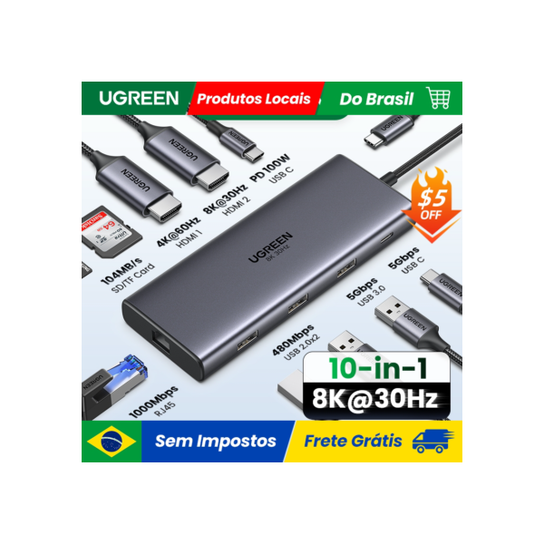 UGREENDual HDMI USB Hub 8K Adaptador HDMI 10 em 1 divisor com RJ45 USB 3.0 PD 100W Dock para MacBook Pro Air M2 M1 USB C Hub C Hub C Hub