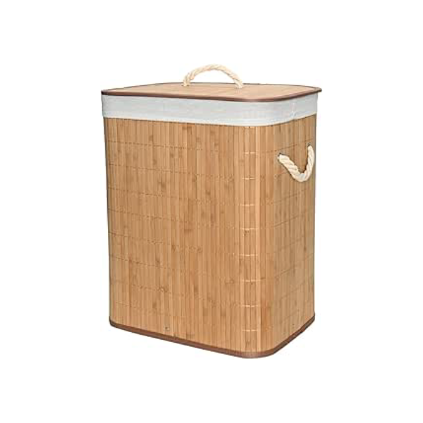 Mimo Style Cesto de Bambu Claro com Tampa para Roupas Sujas. Ideal para Lavanderia, Área de Serviço, Banheiro e Quarto. Forro Removível com Aro de Aço para Fixação, Dobrável, Alça de Corda Macia, Bege
