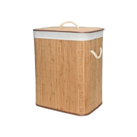 Mimo Style Cesto de Bambu Claro com Tampa para Roupas Sujas. Ideal para Lavanderia, Área de Serviço, Banheiro e Quarto. Forro Removível com Aro de Aço para Fixação, Dobrável, Alça de Corda Macia, Bege