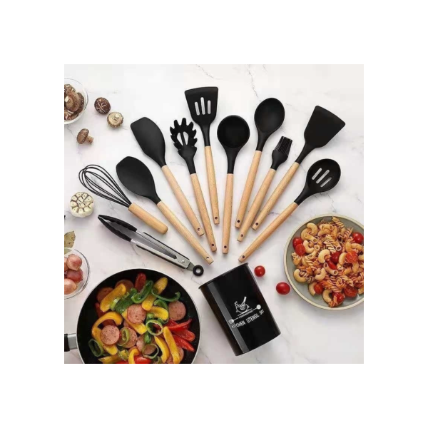 Jogo de Cozinha Kit C/12 Peças de Silicone, Utensílios e Copo Suporte para Cozinha Cabo de Madeira