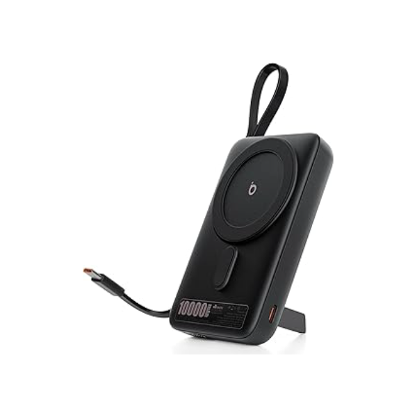 Basike Carregador Portatil, Power Bank Indução 10000mAh com Suporte Integrado, Ultrafino e Portátil, Carregamento Rápido Sem Fio + Cabo Tipo C 22.5W(MAX) Compatível com MagSafe (Preto)