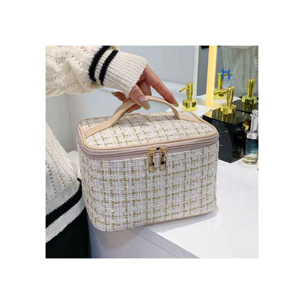 Bolsa Necessaire Tweed Feminina para Maquiagem com Zíper Para Viagem, Mochila, Alça em Courinho