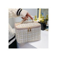 Bolsa Necessaire Tweed Feminina para Maquiagem com Zíper Para Viagem, Mochila, Alça em Courinho