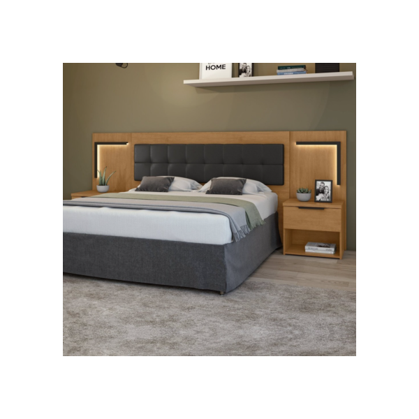 Cabeceira Casal / Queen 160cm 2 Mesas de Cabeceiras com Led Calitan Amêndoa Clean/Preto Fosco