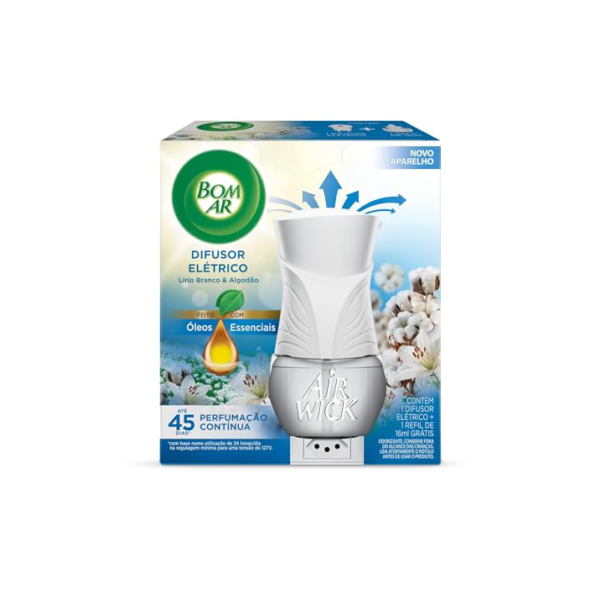 Bom Ar Difusor Elétrico Lirio Branco e Algodão Aparelho + Refil 16ml