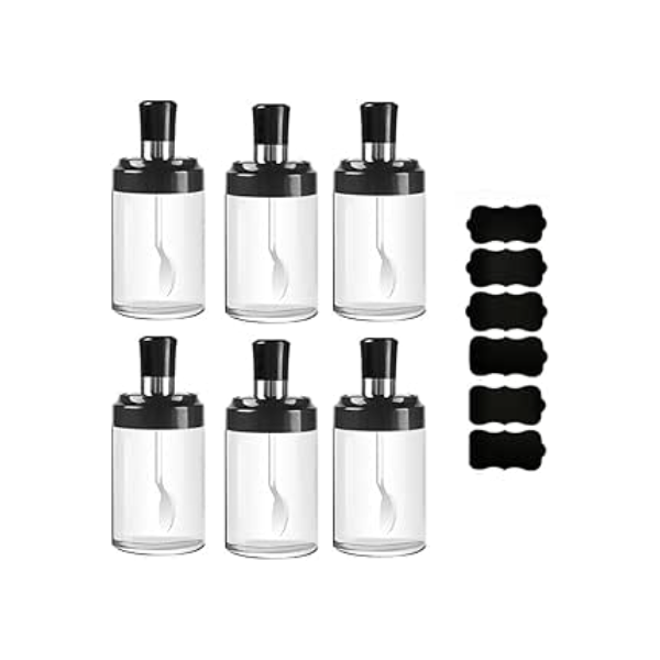 Porta Tempero em Vidro 06 Unidades com Colher Sal, Açucar, Condimentos, Pimenta, Tomilho, Orégano