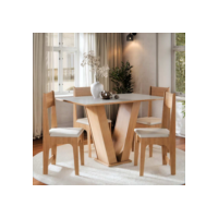 Conjunto Sala de Jantar Completo  Vivi Mesa Tampo Madeira 4 Cadeiras - Mel Off