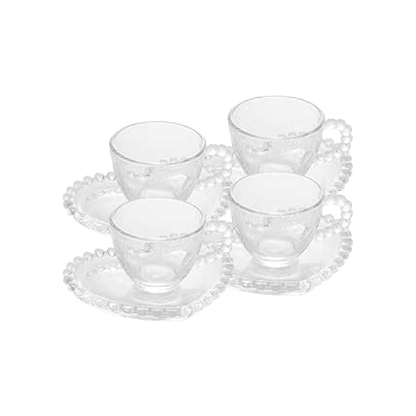 Wolff Coração Pearl Conjunto de Xícaras para Café com Pires de Cristal 4 Peças, Transparente, 85 ml