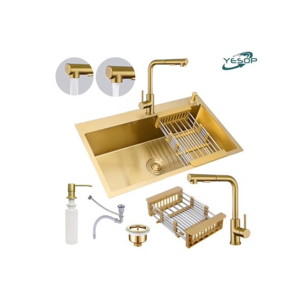 Cuba Pia Dourada Inox 304 Gourmet Cozinha 60x45 Com Torneira Escovado E Acessórios Terno Yesop