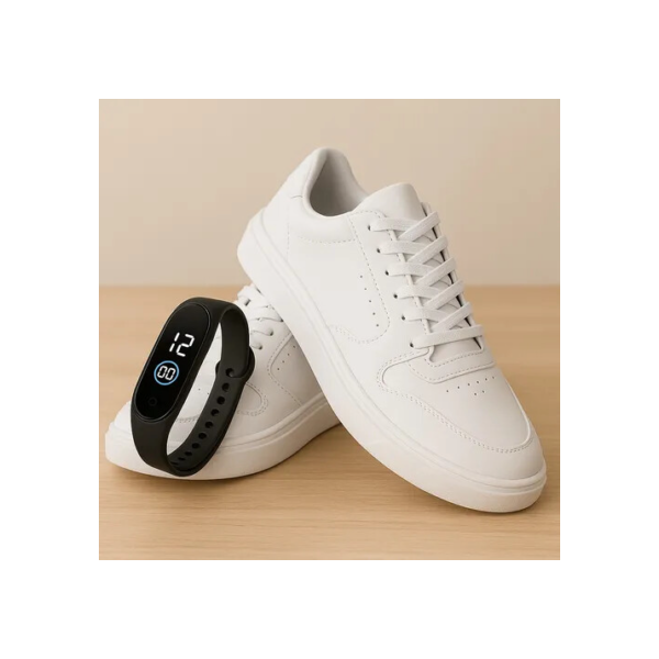 Kit Tenis Casual Tamanho Especial Sola Alta Relógio Digital Branco Liso 40 Br