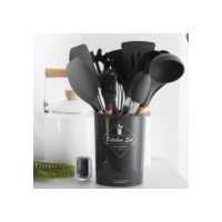 Jogo de Cozinha Kit C/12 Peças de Silicone, Utensílios e Copo Suporte para Cozinha Cabo de Madeira
