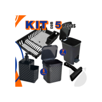 Kit Lixeira Pia 5 Litros + Lixeira 7 Litros + Porta Detergente + Rodinho de Pia + Escorredor Louça
