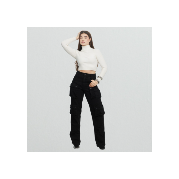 Calça Jeans Cargo Wide Leg Bolsos Frontais Cintura Alta Moda