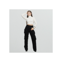 Calça Jeans Cargo Wide Leg Bolsos Frontais Cintura Alta Moda
