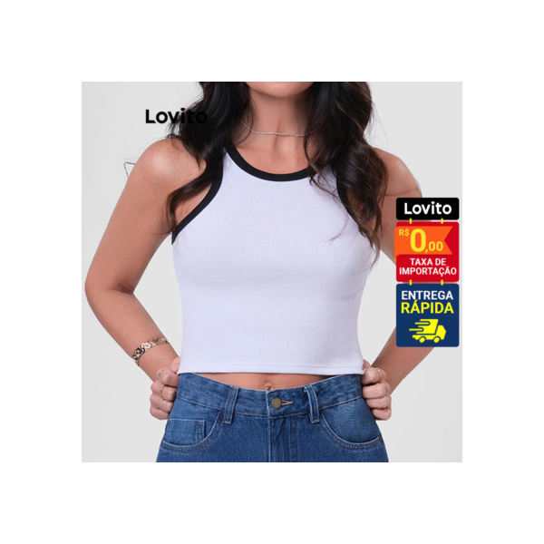 Lovito Top Regata Feminina Lisa com Viés Contrastante LB207BRL236