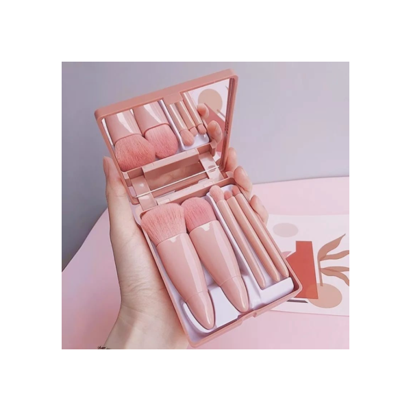 Mini Espelho de Maquiagem Portátil com 5 Pcs Pincéis de Maquiagem para Beleza e Maquiagem On-the-Go