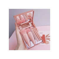 Mini Espelho de Maquiagem Portátil com 5 Pcs Pincéis de Maquiagem para Beleza e Maquiagem On-the-Go