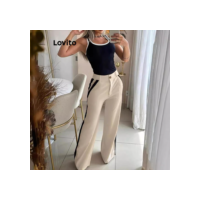 Lovito Conjuntos elegantes de calças com encadernação em contraste simples para mulheres LNL67157